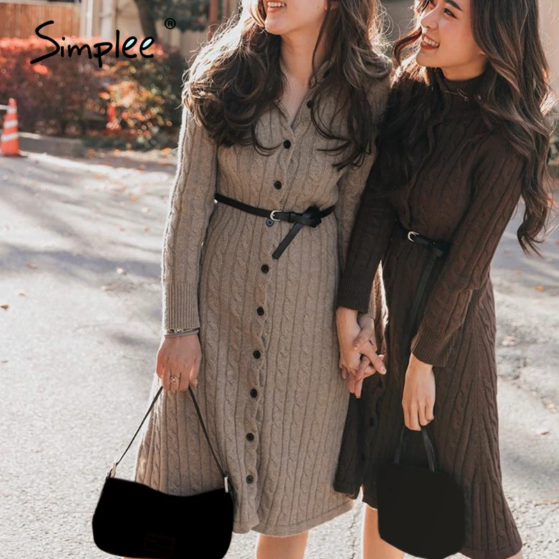 Simplee Casual solid women sweater dress Autumn winter cozy long sleeve button dress High street style female knitted dress 2020 Simplee Casual solid women sweater dress Autumn winter cozy long sleeve button dress High street style female knitted dress 2020