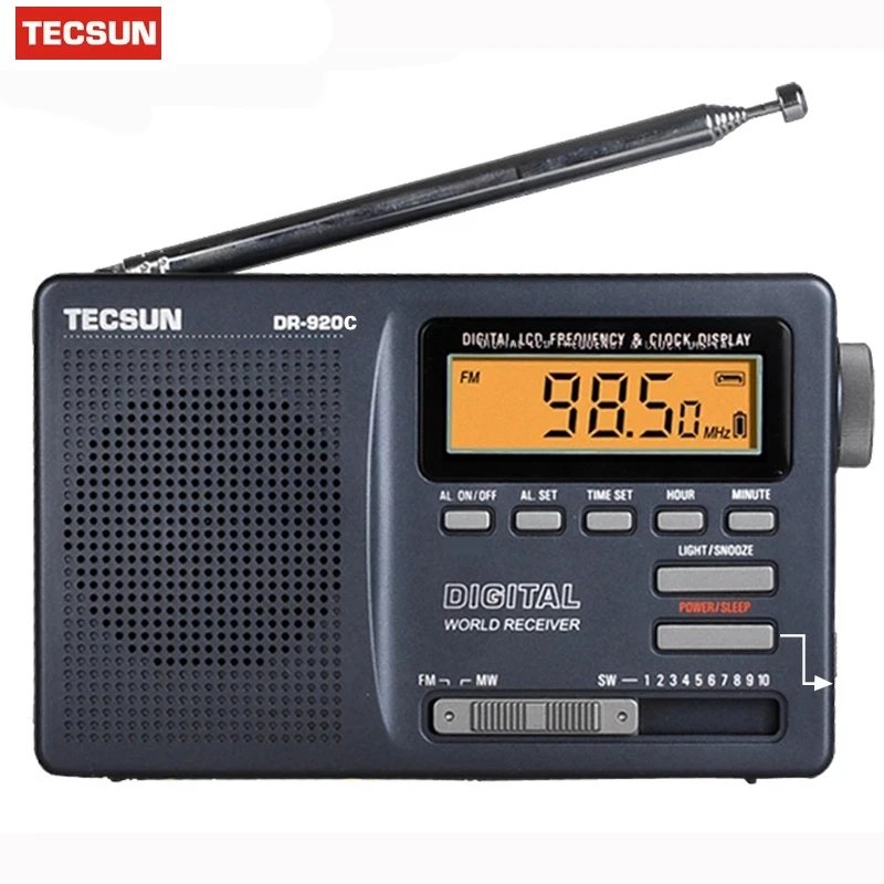 Tecsun-rádio fm Portátil Cinza com Relógio Digital Receptor de Alarme e Luz de Fundo fm mw sw 12