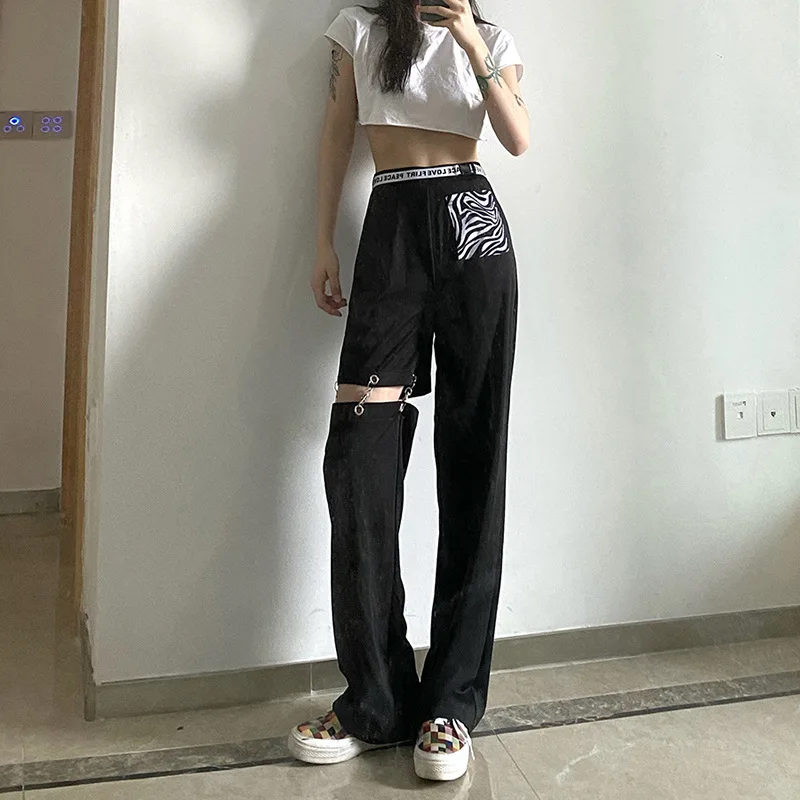 

Women Stylish Straight Leg Pants, Trendy High Waist Cutout Loose Buckle Belted Trousers with Pocket