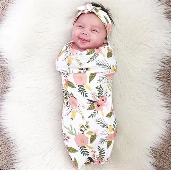 

2020 New Arrival Sleeping Bags Newborn Baby Swaddle Blanket Baby Sleeping Swaddle Muslin Wrap Headband Print Floral Cartoon Cute