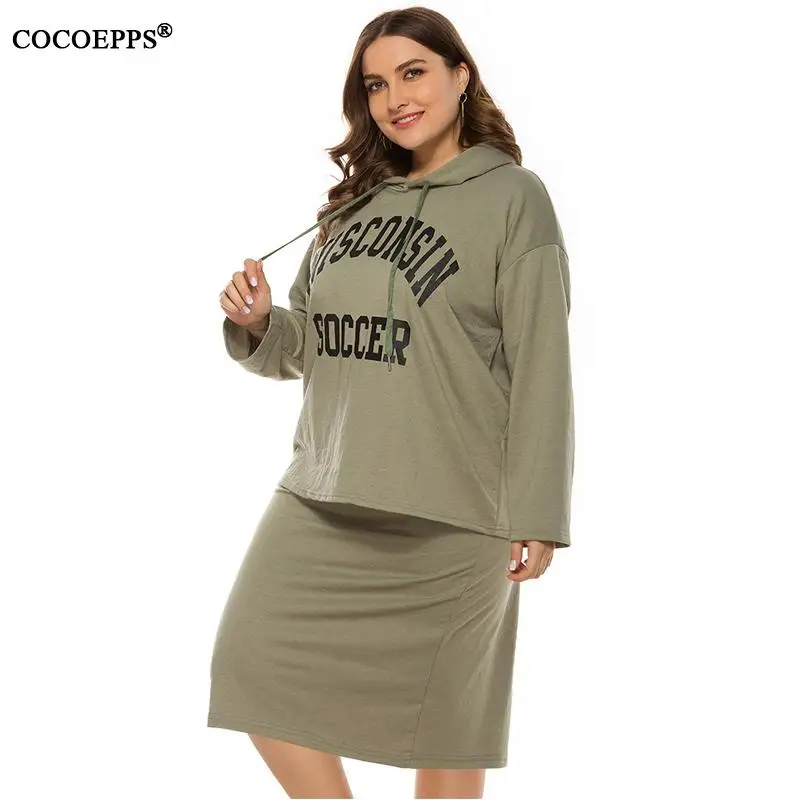 2020 Spring Women Plus size Hooded 2 Piece Sets Casual Letter Print Tops+ Skirt Large Slit Suit Leisure Two Set |