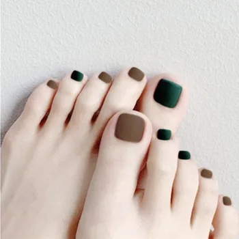 

24Pcs Short Matte Fake Toenails for Women Green and Coffee Brown False Toenails with Glue Press On Toe Nails Art DIY
