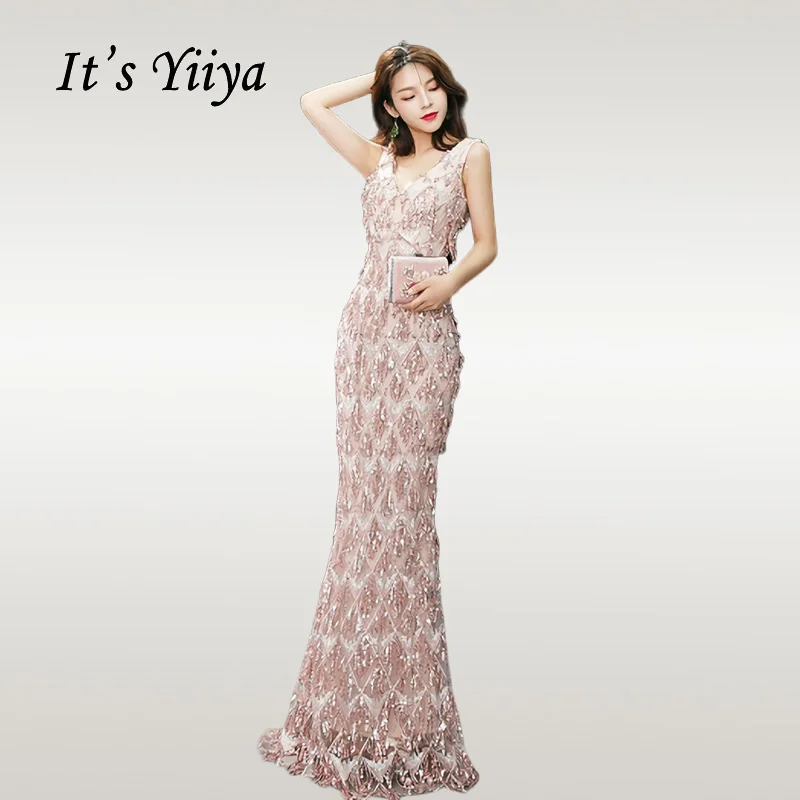 

It's Yiiya Evening Dress Sexy V-neck Backless Long Plus Size Women Party Dresses Tassel Plus Size Mermaid Robe De Soiree E581