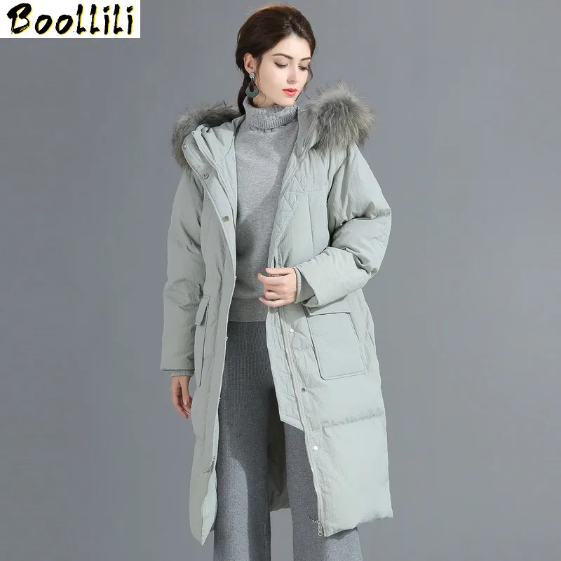 

90% белая пуховая куртка Boollili, Женское зимнее пальто 2023, Женская Корейская пуховая куртка с воротником из меха енота, женская теплая парка