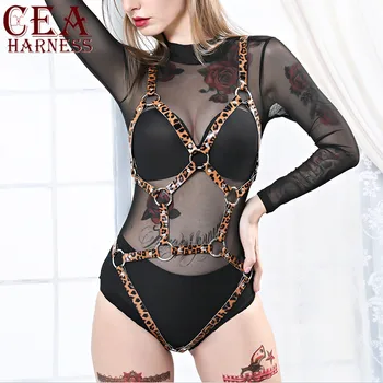 

CEA Women Leopard Print Leather Belt Top Bondage Sexy Body Harness Nightclub Party Brown Vintage Garter Lingerie Strap Slim Belt