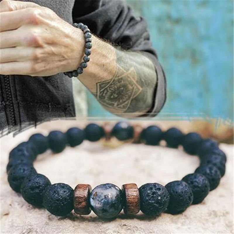 Volcanic Stone Bracelet for Men Lava Wooden 8mm Beads Bracelet Tibetan Buddha Wrist Chain Women Men's Jewelry Gift Bracelets - Image 2