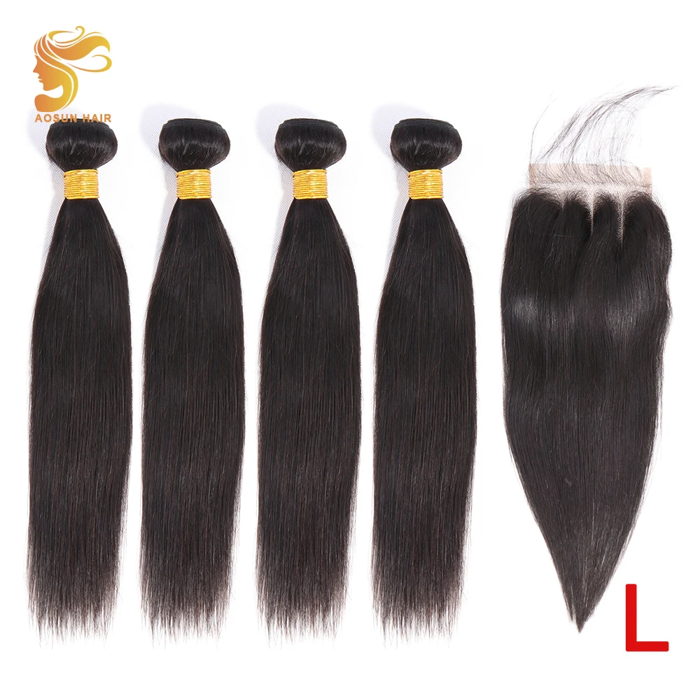 

AOSUN HAIR Brazilian Hair Weave Bundles Remy Straight Hair Bundles With Closure 100% Human Hair Extension 4PCS With Lace Closure