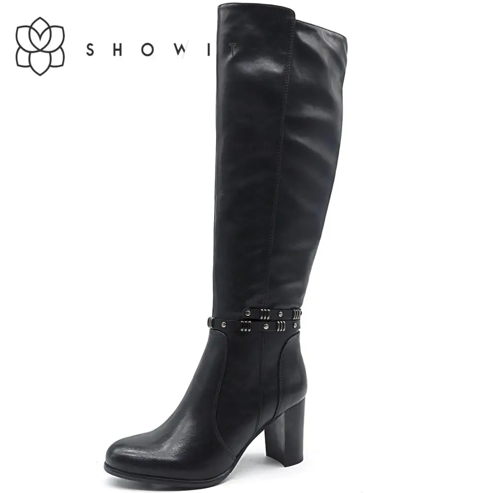 SHOWIT/женские сапоги до колена осень г. Модные женские сапоги на ремешке с заклепками Классическая обувь из PU искусственной кожи на высоком каблуке, на молнии, на толстом каблуке