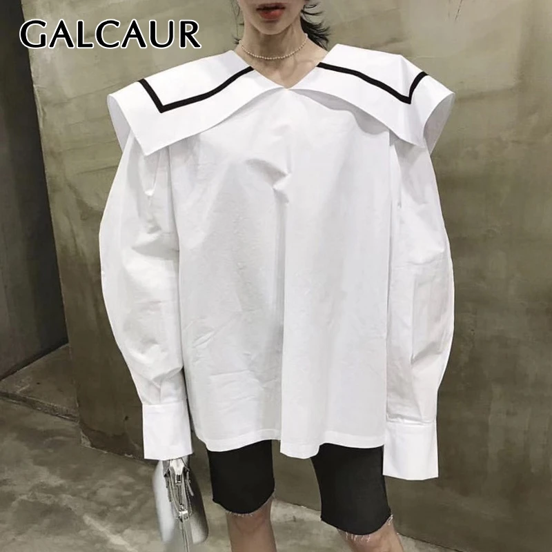  GALCAUR Korean White Women's Shirt Lapel Collar Long Sleeve Loose Shirts Blouse Female Summer Fashi