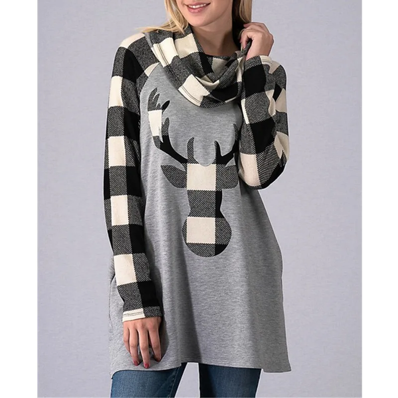 

Women Casual Printed Christmas Pullover Woman Long Sleeve Scarf Neck Sweatshirt Loose Plus Size Plaid Pullover Autumn GRNSHTS