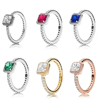 

925 Sterling Silver Ring Charms 6 Style Rose Gold Square Big Stone Crystal Ring For Women Jewelry