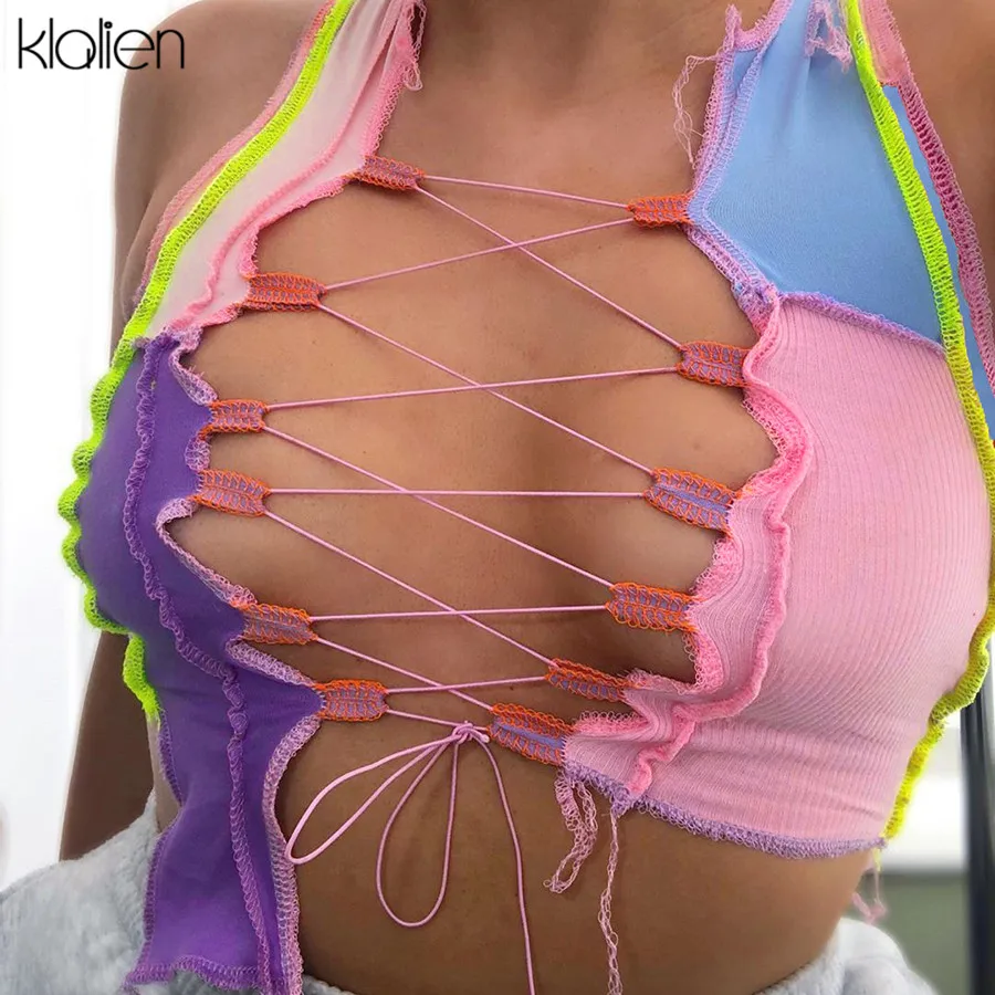 Женский топ на бретельках kalien повседневный облегающий в стиле пэчворк с вырезами