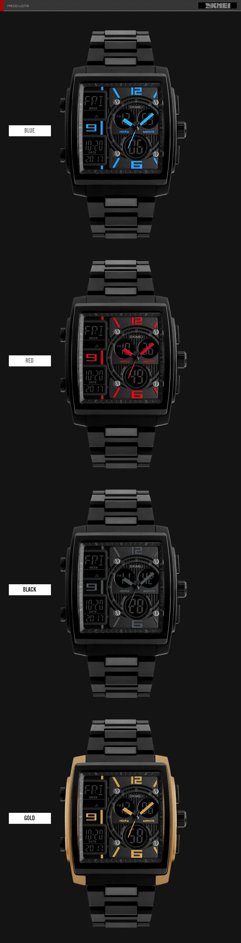 SKMEI модные повседневные часы, многофункциональные часы с двойным дисплеем, цифровые и аналоговые Мужские часы, водонепроницаемые деловые мужские наручные часы