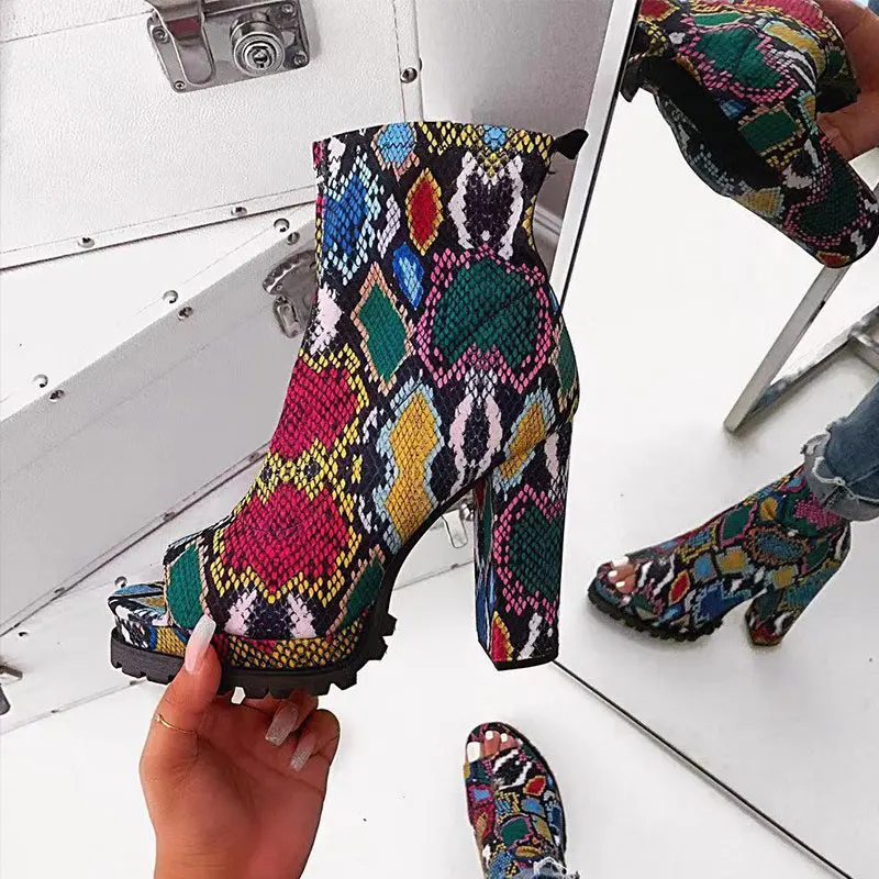 

Women Zip Peep Toe Ankle Boots Autumn Ladies Snake Pattern Platform Thick High Heels Female Leopard Shoes New Fashion