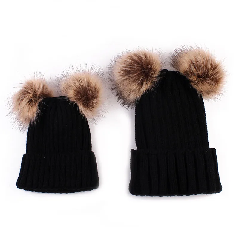 2 предмета, милая вязаная Вязаная Шапка-бини зимняя теплая шапка для мамы и дочки - Цвет: Черный
