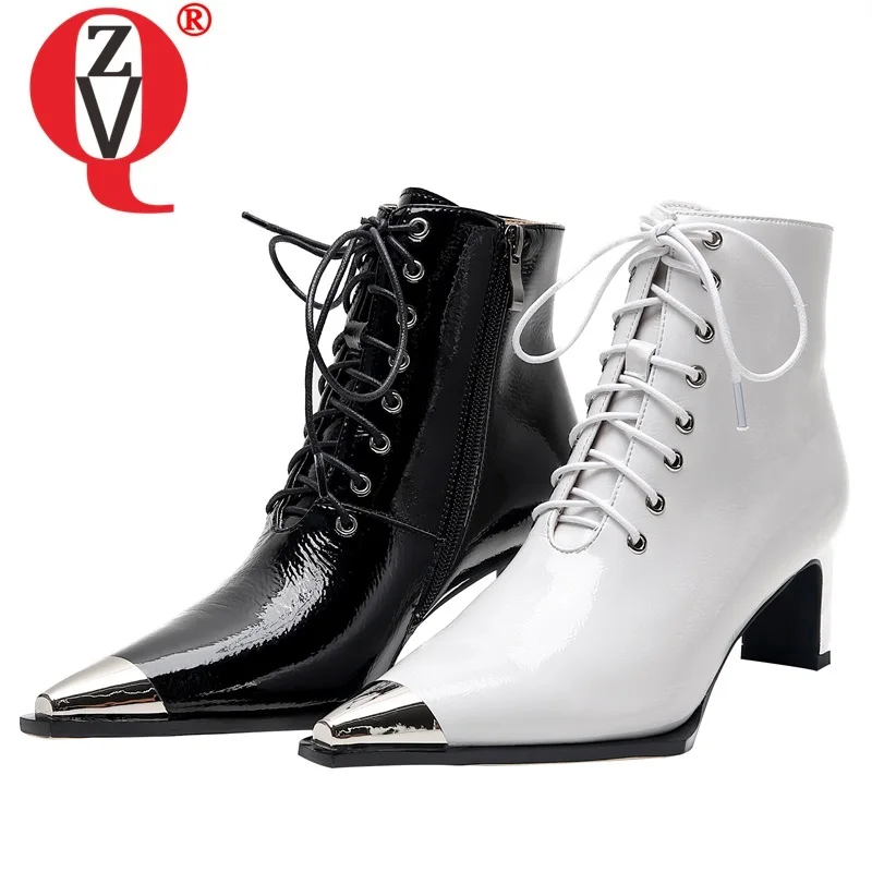 

ZVQ patent leather chelsea boots office woman winter autumn ankle boots white black 5.5cm mid heels women's shoes 33-40CN