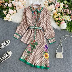 Fashion Vintage Two Piece Set 2022 Summer Turn Down Collar Long Sleeves Blouse Lady Tops+ Shorts Women Vintage Printed Clothing