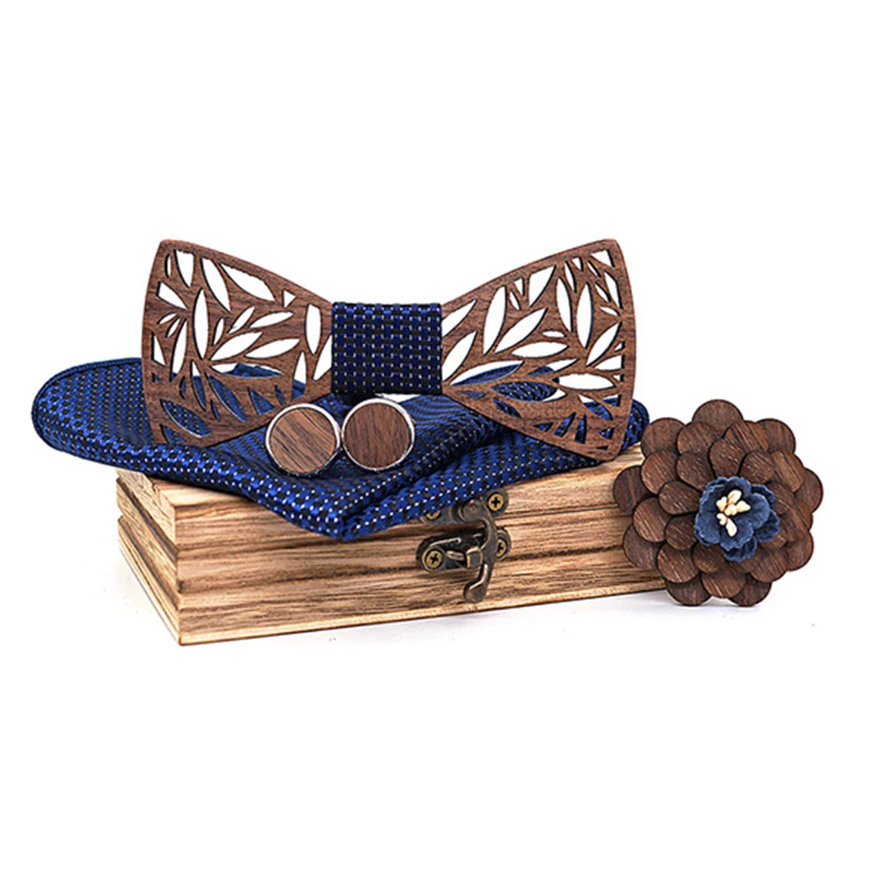 

Accessories Men Bow Tie Handkerchief Set Party Handmade Brooch With Box Wooden Cuff Button Elastic Band Gift Wedding Hollowed