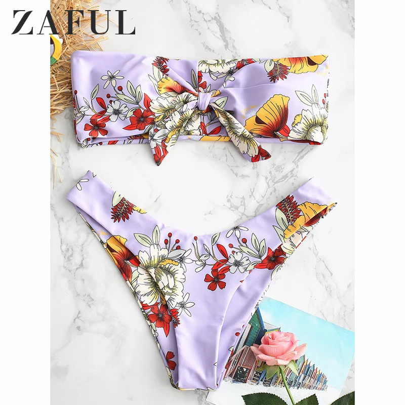  ZAFUL Knot Floral Bandeau Bikini Set Women Mid Waist Swimsuit Sexy Bandeau Swimwear Strapless 4-Col