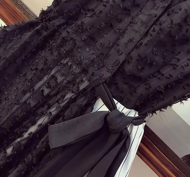 Korea Women Casual Lace Striped Patchwork Dress 2020 Summer 3D Tassel Appliques V-neck Short Sleeve Sashes irregular Dress