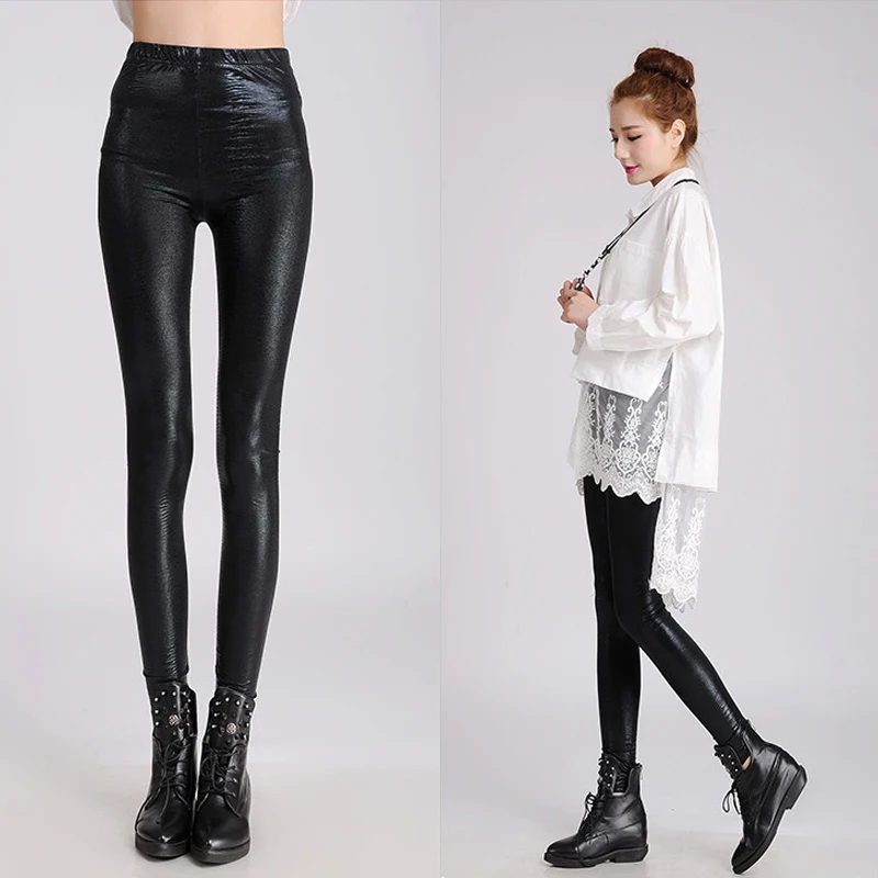 

women's spring and autumn solid color thin pencil pants skinny imitation snakeskin grain nine leggings female wild feet pants