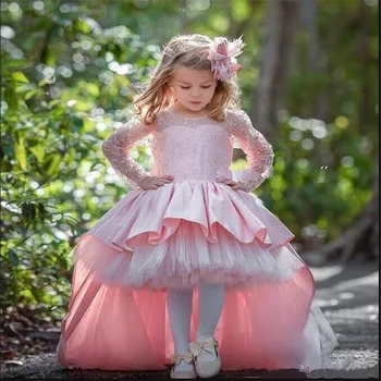 

High Low Pink Cute Flower Girls Dresses For Wedding Long Sleeves Birthday Party Gowns With Big Bow Custom Made Girl Dresses
