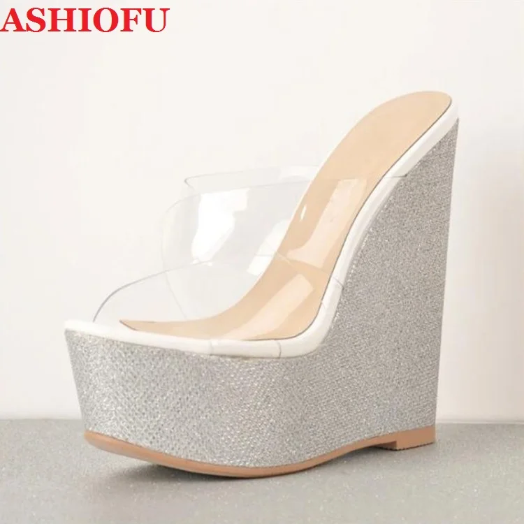 

ASHIOFU 2020 New Handmade Women Sequined Wedge Heel Slipper Cross PVC Transparent Strap Summer Shoes Sexy Fashion Slippers Shoes