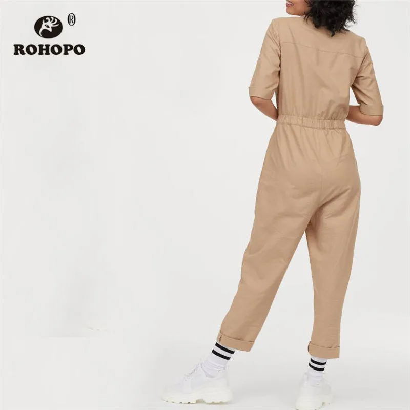 ROHOPO Ruched манжеты с короткими рукавами и лацканами воротник хаки хлопок комбинезон-карго внешние кнопки верхние карманы эластичная талия сплошной набор#9218