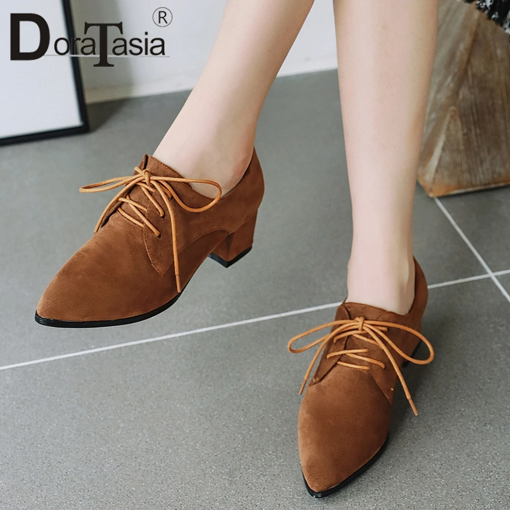 

DORATASIA New Big Size 33-43 Elegant Ladies Chunky Heels Pumps Casual Ol Pumps Women Fashion Pointed Toe Lace Up Shoes Woman