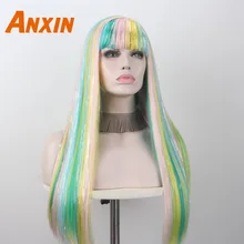 Anxin длинные прямые Красочные зеленый блонд парик с челкой женщин девушки косплей ежедневно синтетический парик не человеческие волосы
