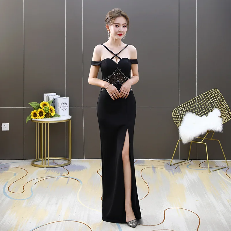 

Black Evening Dress Female New Split Fork Fishtail Rhinestone Lace Host Elegant Sexy One-shoulder Banquet Evening Sling Dress