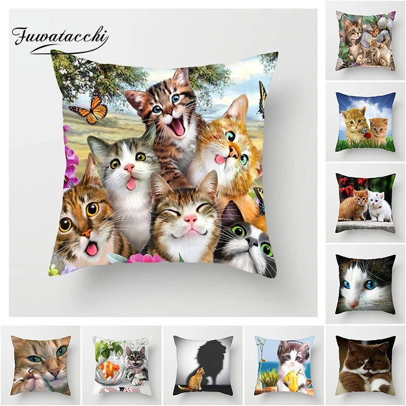 Fuwatacchi Cute Cat Cushion Covers Cats Butterfly Pillow Cover for Sofa Home Chair Animals Throw Decorative Pillowcase 45*45cm | Дом и сад