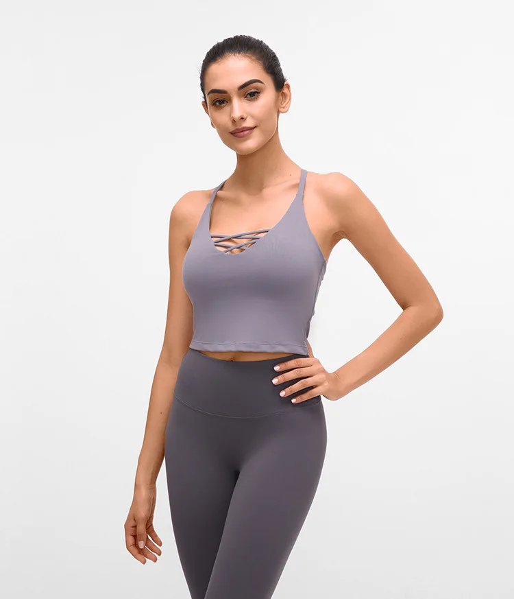 

X-HERR Fitness Plain Workout Crop Tops Women Nylon Fabric Yoga Sport Bra Tops Padded Strappy Running Bra Activewear Cross