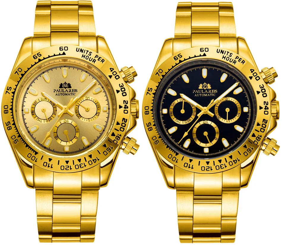 Orologio automatico a carica automatica, meccanico in oro, acciaio inossidabile, ghiacciaio, quadrante blu ghiaccio, lunetta marrone castagna, da uomo luminoso_voghion.com