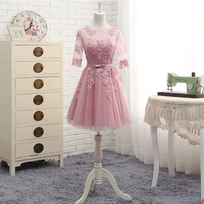MNZ-5608# три стиля длинных средних коротких розовый с аппликацией весенние кружевные платья подружки невесты свадебные вечерние платья для выпускного вечера - Цвет: short 5608