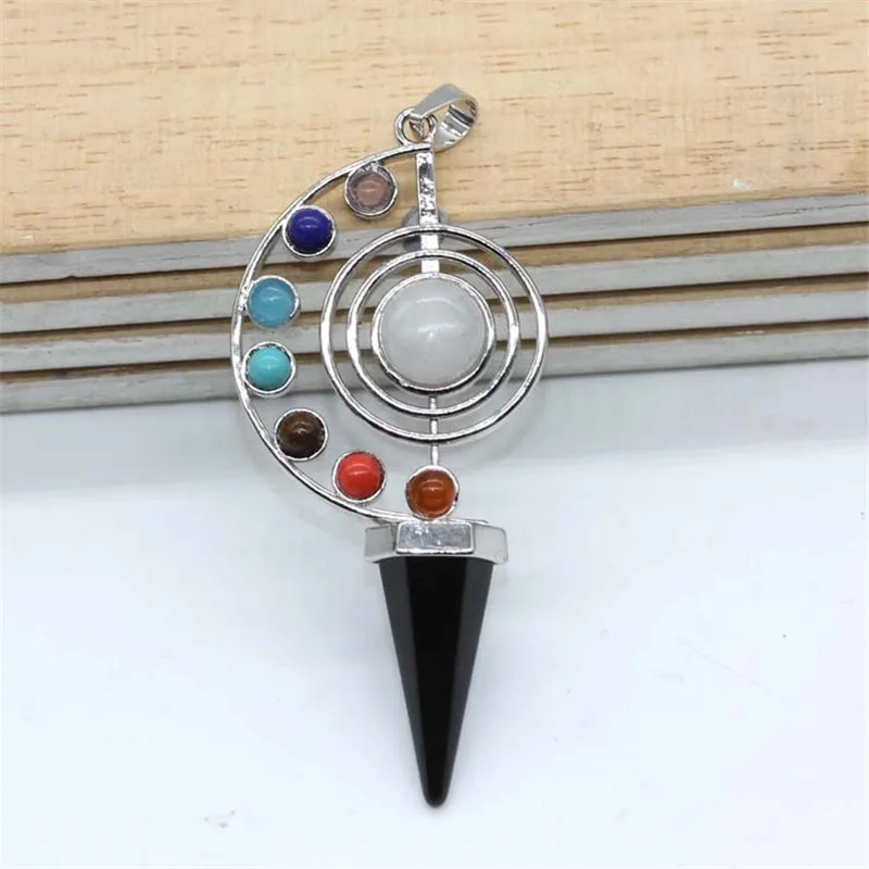 Рейки целебные маятники 7 Чакра конус натуральные камни подвеска, амулет Кристалл медитация шестиугольный маятник для мужчин и женщин ожерелье
