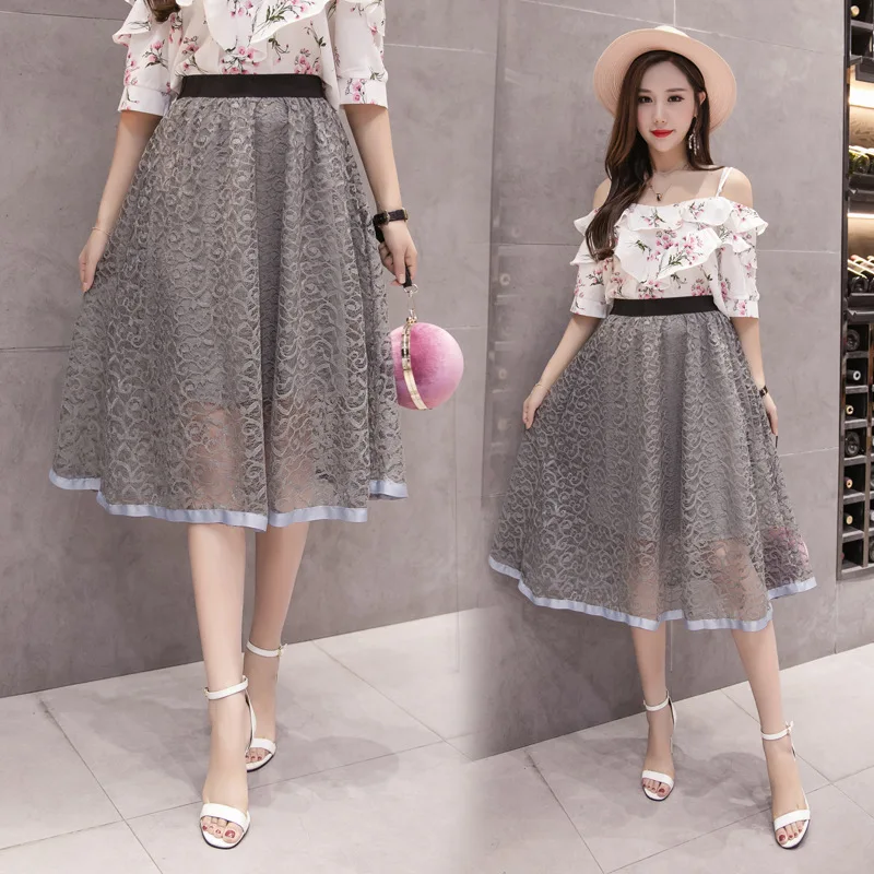 

2019 Summer Wear New Style Korean-style Black And White with Pattern Irregular A- line Puffy Lace Gauze Skirt Women's