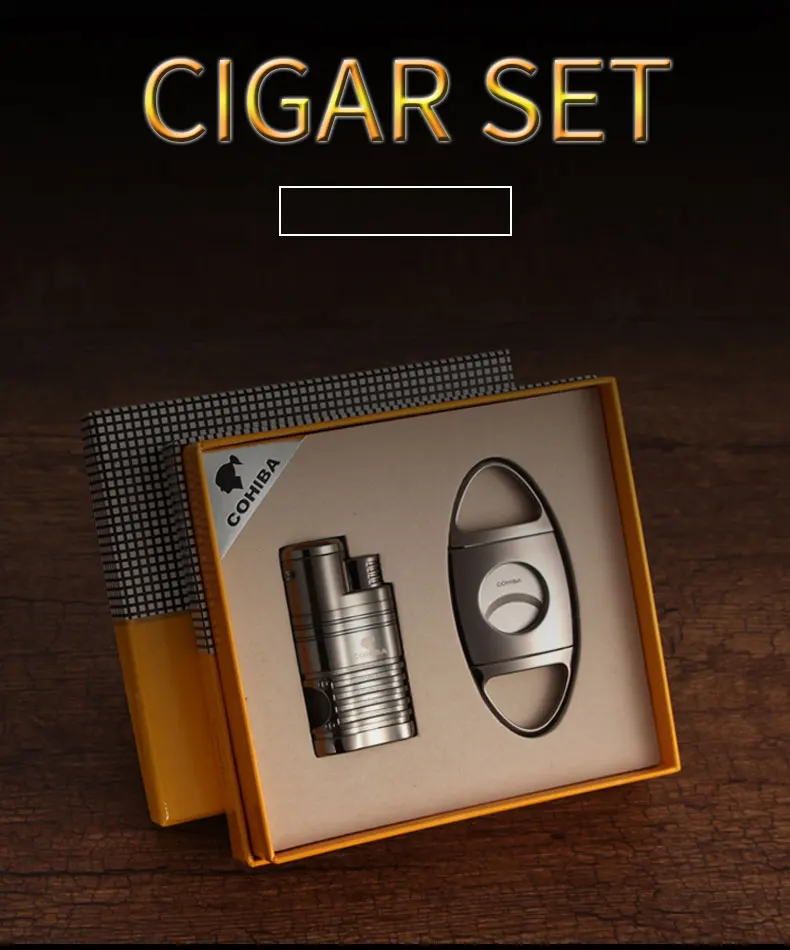 COHIBA сигарный набор металлическая коробка для Сигар Зажигалка газ-бутан ветрозащищенная 3 струйные Зажигалки W/удар из нержавеющей стали Острый сигарный нож