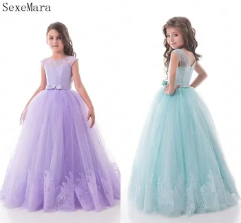 

SexeMara Flower Girl Dress for Wedding O Neck Lace Edge Puffy Tulle A-Line Girls Pageant Party Gown Any Size