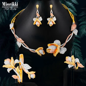 

missvikki Shiny Bloom Flowers Micro Pave CZ Necklace Bangle Earring Ring Sets Luxury Bridal Wedding Jewelry 4pcs Set For Women