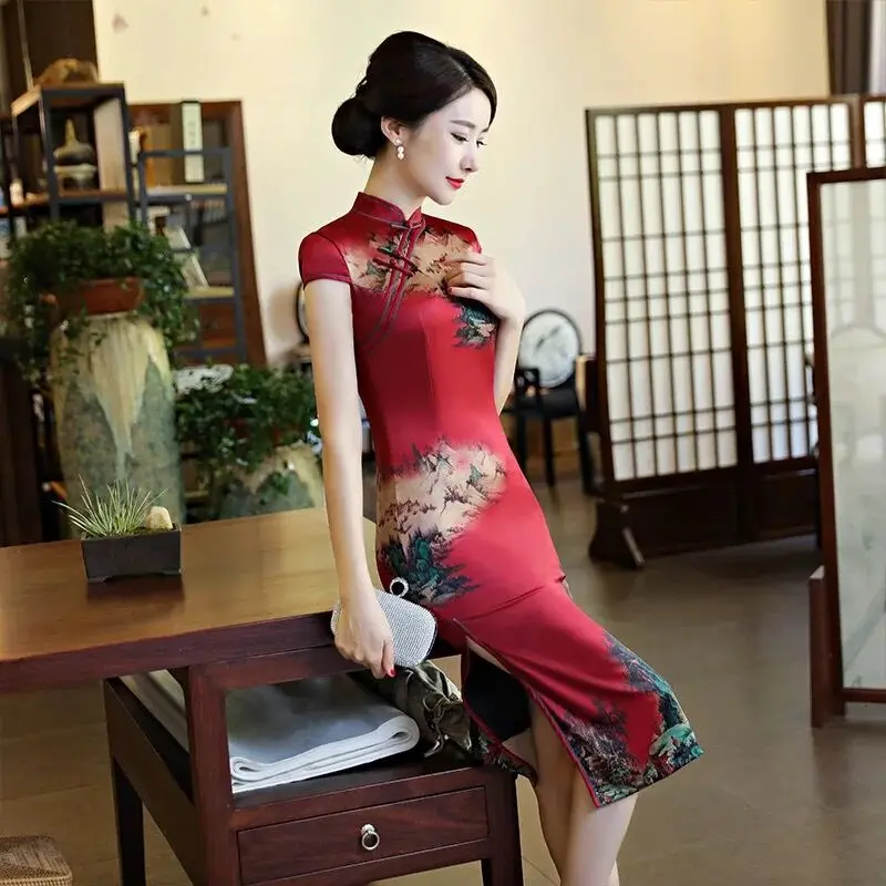 Новинка платье миди Cheongsam Qipao сезон: весна–лето платье Для женщин Элегантный принт женское платье модельные вечерние традиционное китайское платье Vestidos - Цвет: 8200
