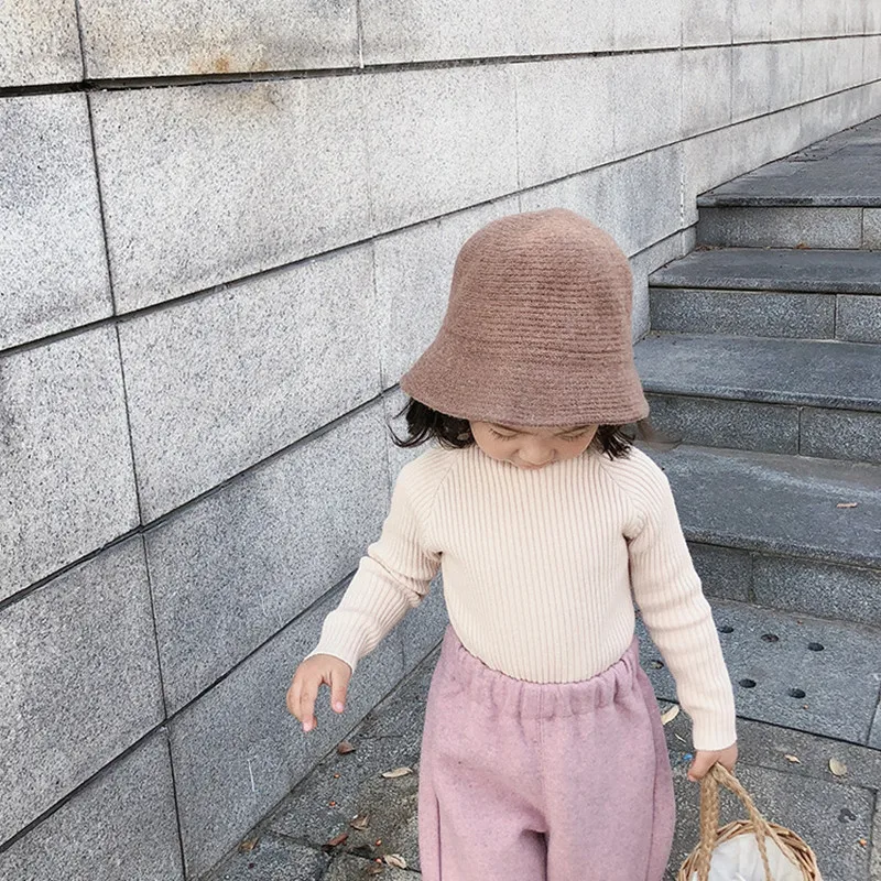Beige Вязаные топы для маленьких девочек; модная зимняя одежда с длинными рукавами и высоким воротником; эластичный плотный трикотажный свитер; Одежда для девочек 1-7 лет - Цвет: Beige