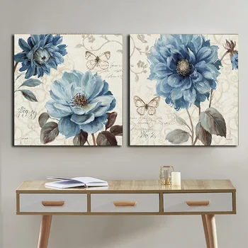 

2 Pieces Set Watercolor Blue Flower Oil Pictures Canvas Painting Modern Poster And Prints Graphic Poster For Home Decoration