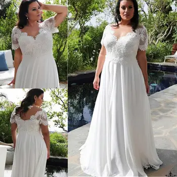 

Brilliant Chiffon V-Neckline A-line Plus Size Wedding Dresses With Beaded Lace Appliques Short Sleeves Bridal Gowns 2019 New