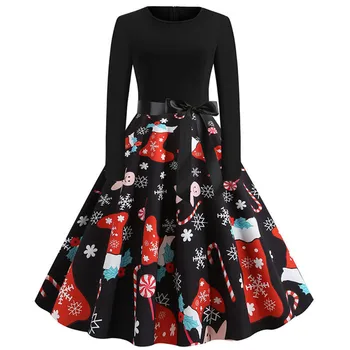 

Black Long Sleeve Print Winter Christmas Dress Women 2019 Casual Elegant Slim Vintage Dress Robe Femme Pinup Party Midi Vestidos