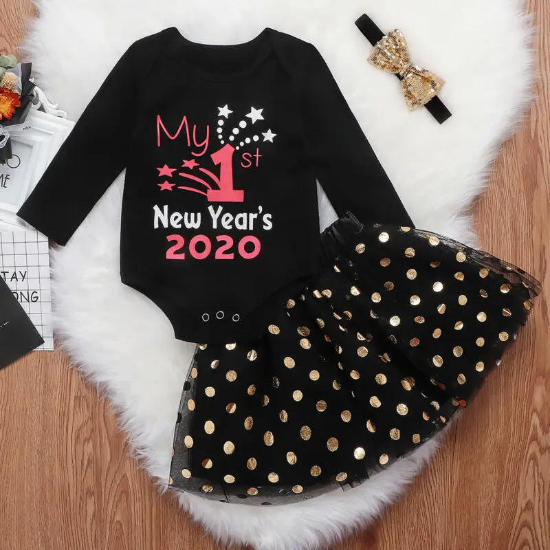 Комплект одежды для маленьких девочек с надписью «My First new year», комплект одежды из 3 предметов для новорожденных девочек: топ+ юбка+ повязка на голову, 0-24 месяца