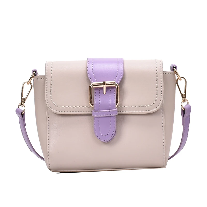 

2020 New Lady Shoulder Bag PU Leather Female Postman Bag Hit Color Youth Daily Bag Small Belt Decoration