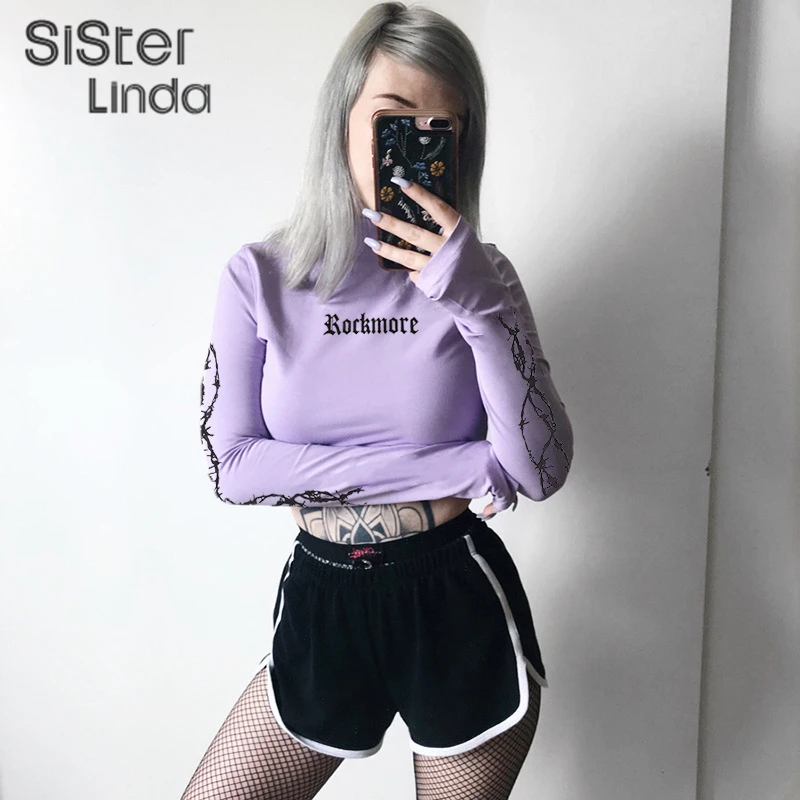 Sisterlinda, хлопок, с буквенным принтом, топ, женская футболка, футболка с длинным рукавом, молния, женская рубашка, эластичность, тройники, женская рубашка, топы
