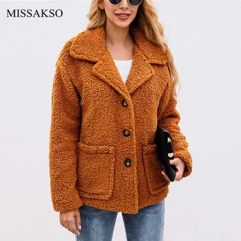 

Missakso Winter Women Coat Faux Fur Jacket Button Pockets Warm Thick Plus Size Outwear Fluffy Teddy Coat Female