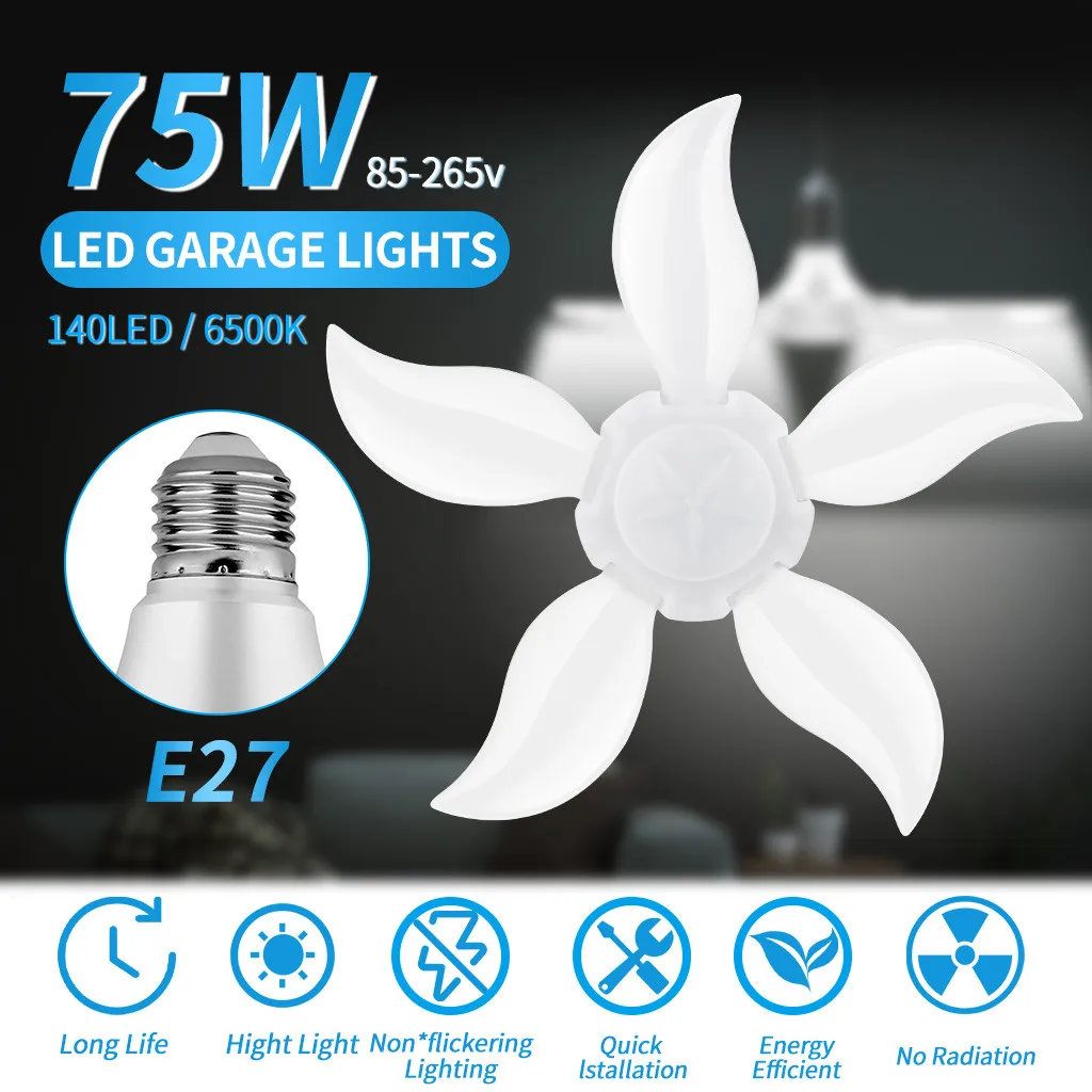 

High quality E27 75W LED 6500K Garage Shop Work Lights Home Ceiling Fixture Deformable Lamp 140LED Lighting tool Dropshipping#35